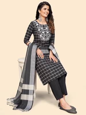 Printed & Embroidered Straight Cotton Black Stitched Kurta Pant With Dupatta 3