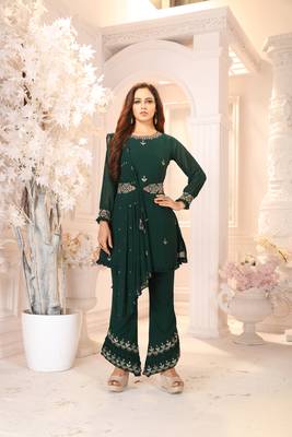 Green Faux Georgette Stitched Top With Stitched Bottom Full Sleeve Embroidered Straight Kurta 1