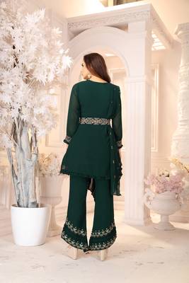 Green Faux Georgette Stitched Top With Stitched Bottom Full Sleeve Embroidered Straight Kurta 2