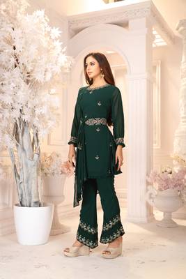 Green Faux Georgette Stitched Top With Stitched Bottom Full Sleeve Embroidered Straight Kurta 3