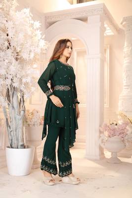 Green Faux Georgette Stitched Top With Stitched Bottom Full Sleeve Embroidered Straight Kurta 4