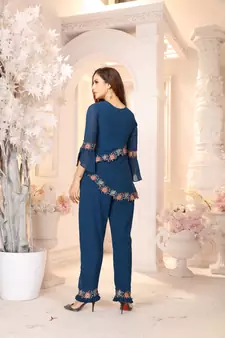 Rama Faux Georgette Stitched Top With Stitched Bottom 3/4 Sleeve Embroidered Straight Top