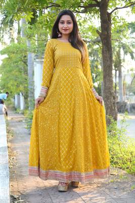 Yellow Faux Georgette Stitched Top With Unstitched Bottom Full Sleeve Embroidered Straight Gown 1
