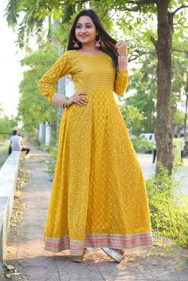 Yellow Faux Georgette Stitched Top With Unstitched Bottom Full Sleeve Embroidered Straight Gown 2