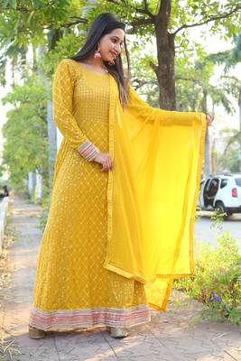 Yellow Faux Georgette Stitched Top With Unstitched Bottom Full Sleeve Embroidered Straight Gown 3