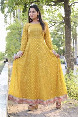 Yellow Faux Georgette Stitched Top With Unstitched Bottom Full Sleeve Embroidered Straight Gown 4