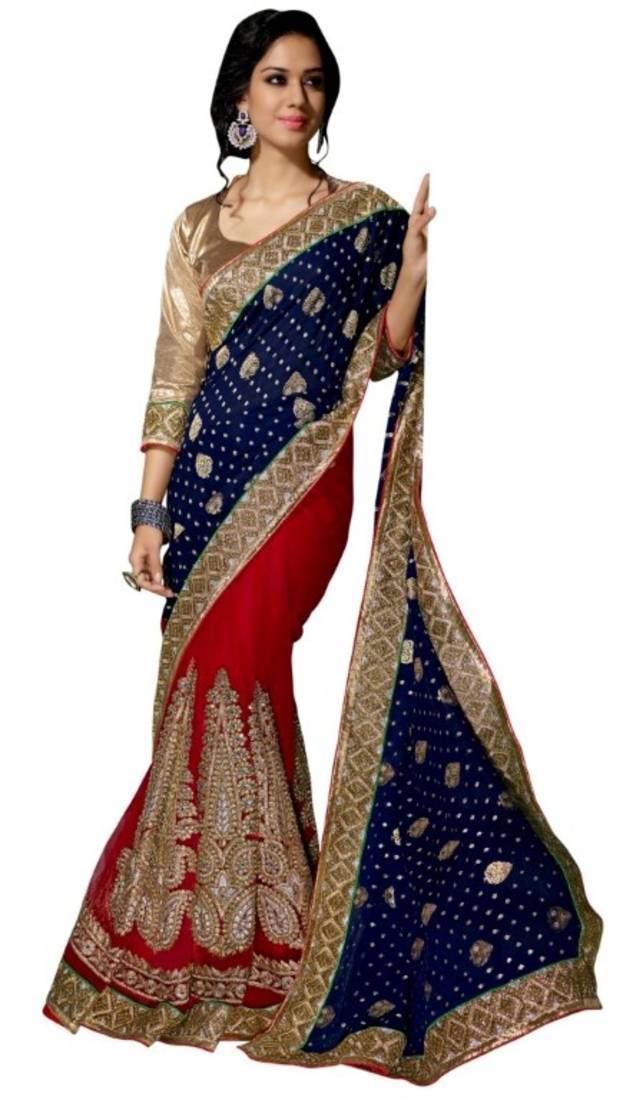Red and  Navy Blue embroidered viscose saree with blouse with blouse