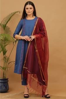 Kaanchie Nanggia Blue Embroidered Cotton Kurta Pant Dupatta Set