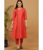 Kaanchie Nanggia Red Embroidered Cotton Kurta Pant Set