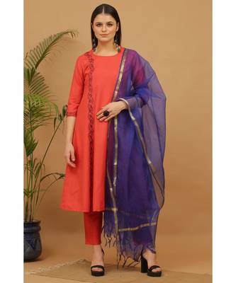 Kaanchie Nanggia Red Embroidered Cotton Kurta Pant Dupatta Set 1