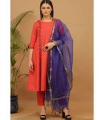 Kaanchie Nanggia Red Embroidered Cotton Kurta Pant Dupatta Set