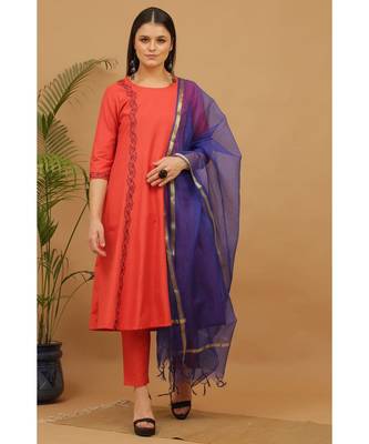 Kaanchie Nanggia Red Embroidered Cotton Kurta Pant Dupatta Set 2