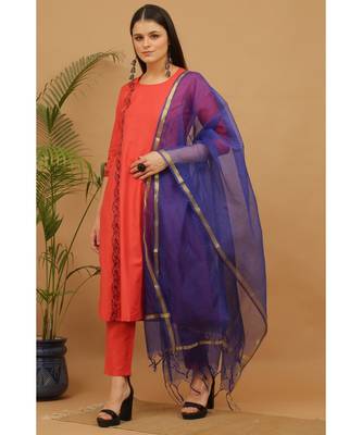 Kaanchie Nanggia Red Embroidered Cotton Kurta Pant Dupatta Set 3