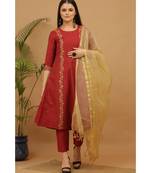 Kaanchie Nanggia Maroon Embroidered Cotton Kurta Pant Dupatta Set