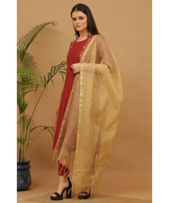 Kaanchie Nanggia Maroon Embroidered Cotton Kurta Pant Dupatta Set 3