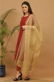 Kaanchie Nanggia Maroon Embroidered Cotton Kurta Pant Dupatta Set