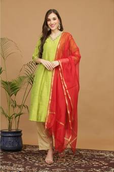 Kaanchie Nanggia Green Embroidered Silk Kurta Pant Dupatta Set