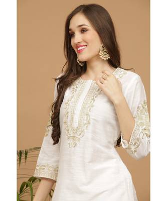 Kaanchie Nanggia White Embroidered Silk Kurta Pant Set 2