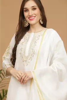 Kaanchie Nanggia White Embroidered Silk Kurta Pant Dupatta Set