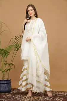 Kaanchie Nanggia White Embroidered Silk Kurta Pant Dupatta Set