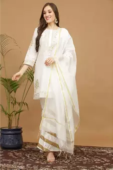 Kaanchie Nanggia White Embroidered Silk Kurta Pant Dupatta Set