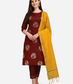  Maroon Cotton Silk Jacquard Kurta Pant With chanderi Silk dupatta