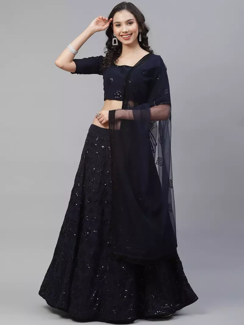 SHUBHKALA dark-blue georgette embroidered   Choli Blouse with   Lehenga Ghagra with    Dupatta
