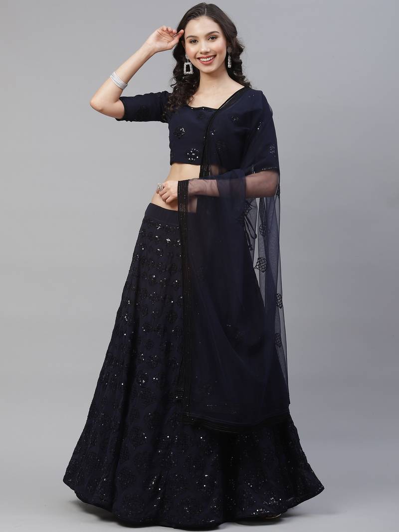 Shubhkala Eye Catching Navy Blue Sequins Embroidered Georgette Wedding Lehenga