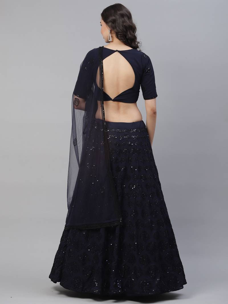 Shubhkala Eye Catching Navy Blue Sequins Embroidered Georgette Wedding Lehenga