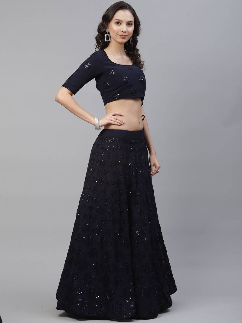 Shubhkala Eye Catching Navy Blue Sequins Embroidered Georgette Wedding Lehenga