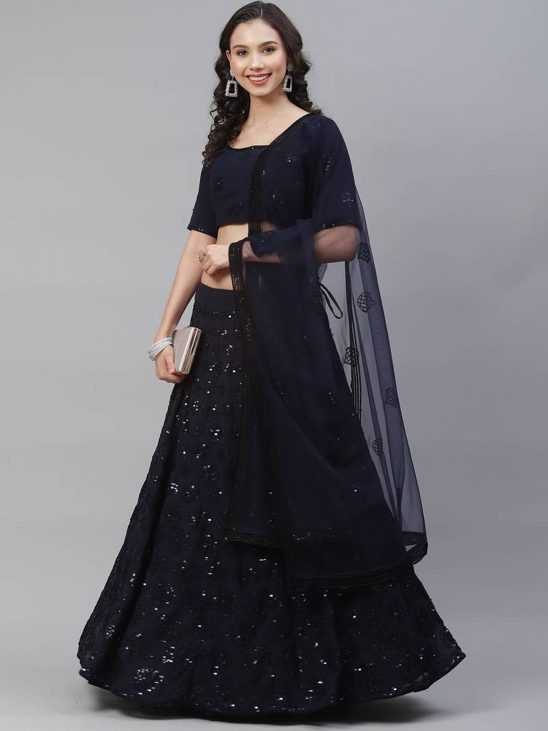 Shubhkala Eye Catching Navy Blue Sequins Embroidered Georgette Wedding Lehenga