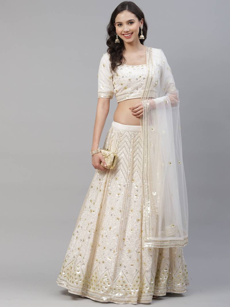 Shubhkala Bewitching Pearl White Sequins Embroidered Georgette Wedding Lehenga