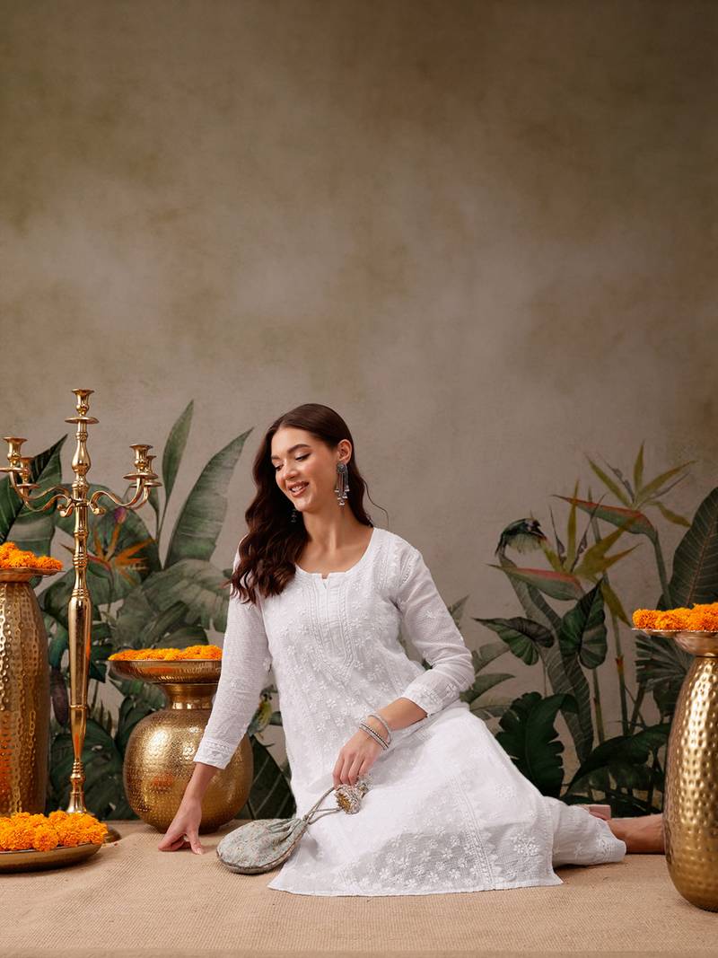 Hand Embroidered White Kota Lucknowi Chikankari Kurta With Slip