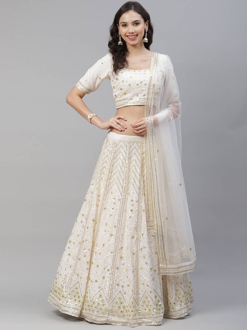 Shubhkala Bewitching Pearl White Sequins Embroidered Georgette Wedding Lehenga