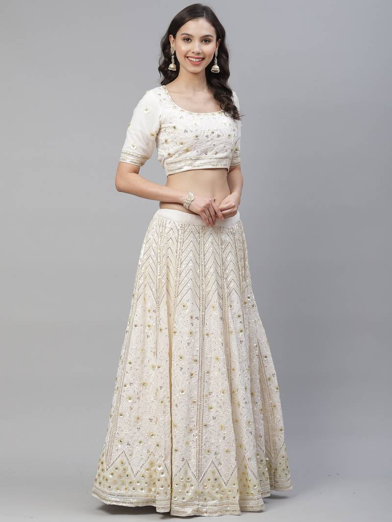 Shubhkala Bewitching Pearl White Sequins Embroidered Georgette Wedding Lehenga