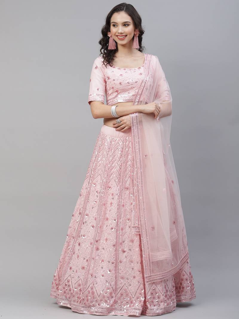 Shubhkala Glamourous Pink Sequins Embroidered Georgette Party Wear Lehenga
