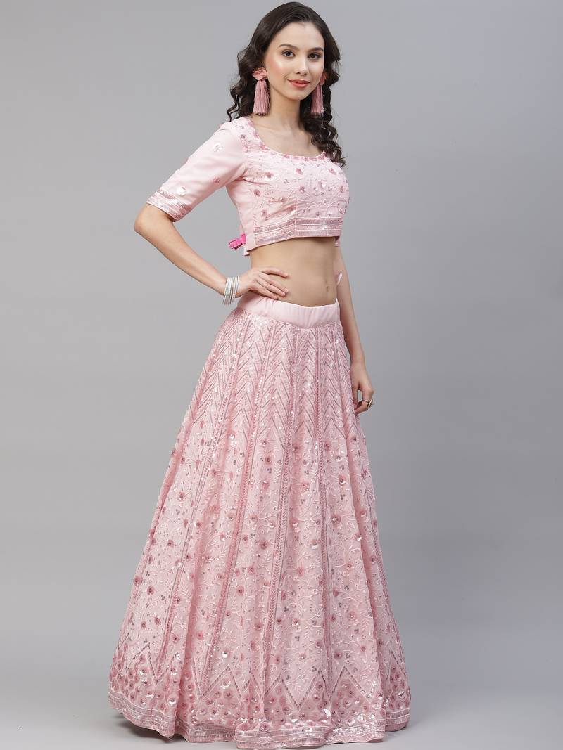 Shubhkala Glamourous Pink Sequins Embroidered Georgette Party Wear Lehenga