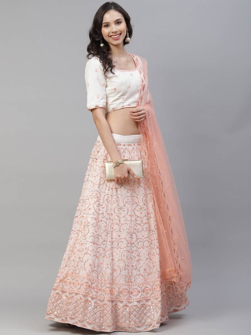Shubhkala Mesmerizing Pearl White Sequins Embroidered Georgette Wedding Lehenga