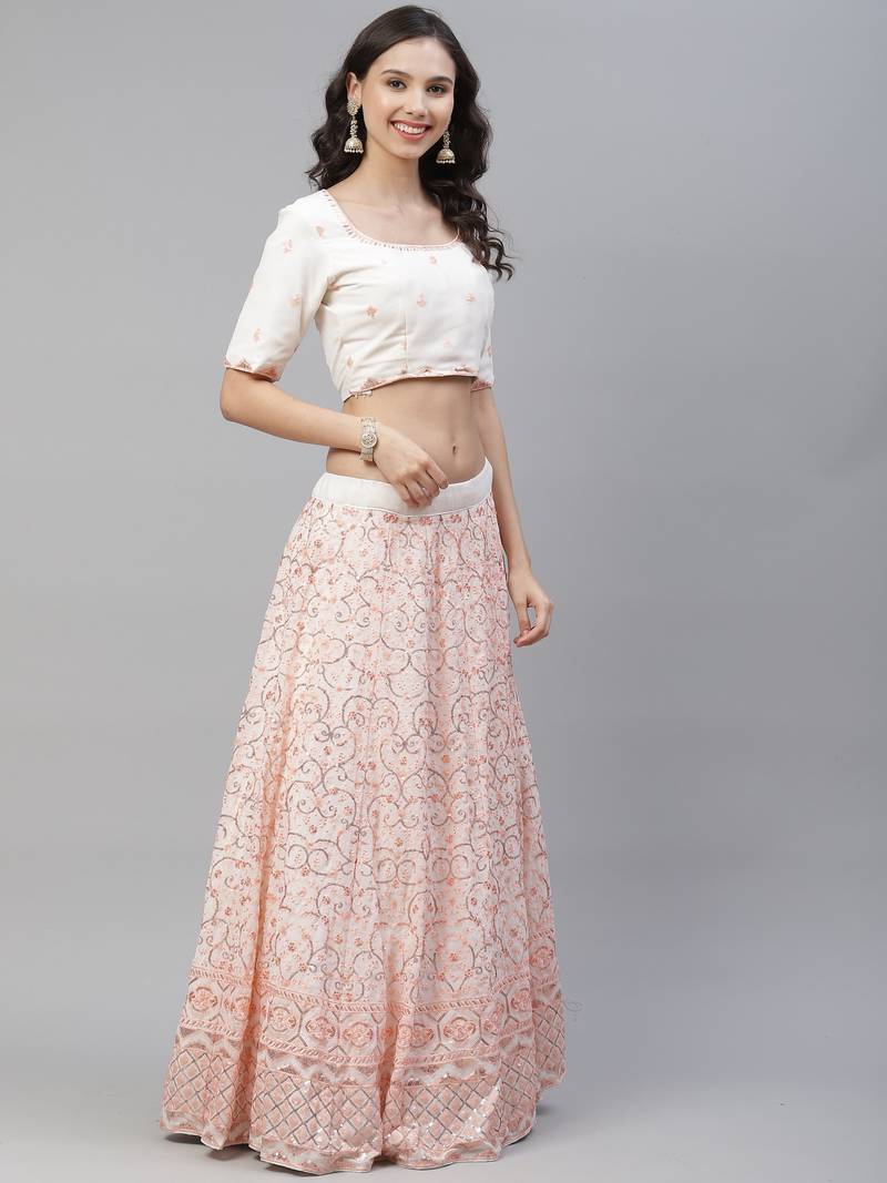 Shubhkala Mesmerizing Pearl White Sequins Embroidered Georgette Wedding Lehenga