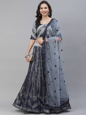 Shubhkala Attractive Grey Sequins Embroidered Net Semi Stitched Party Lehenga 1