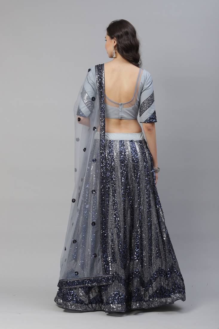 Shubhkala Attractive Grey Sequins Embroidered Net Semi Stitched Party Lehenga