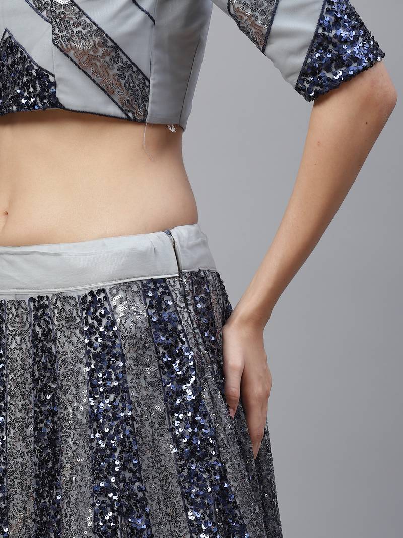 Shubhkala Attractive Grey Sequins Embroidered Net Semi Stitched Party Lehenga