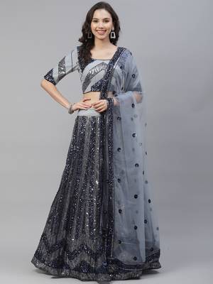 Shubhkala Attractive Grey Sequins Embroidered Net Semi Stitched Party Lehenga 4