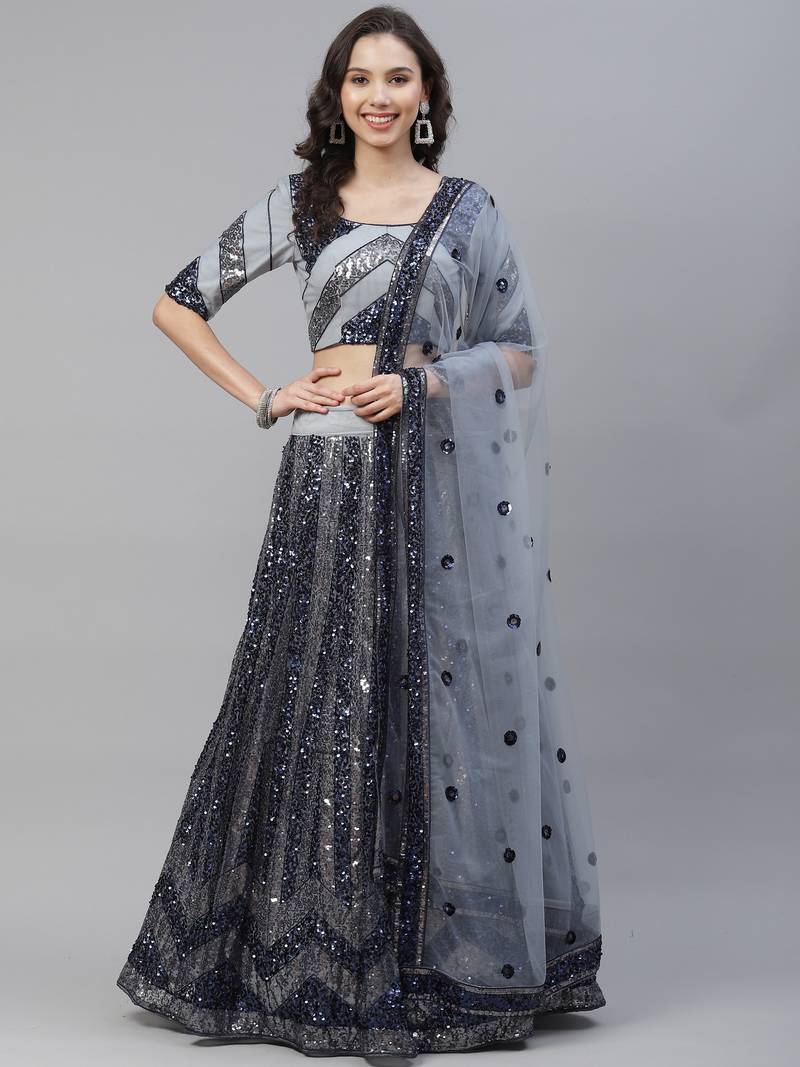 Shubhkala Attractive Grey Sequins Embroidered Net Semi Stitched Party Lehenga