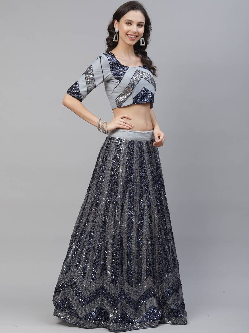 Shubhkala Attractive Grey Sequins Embroidered Net Semi Stitched Party Lehenga