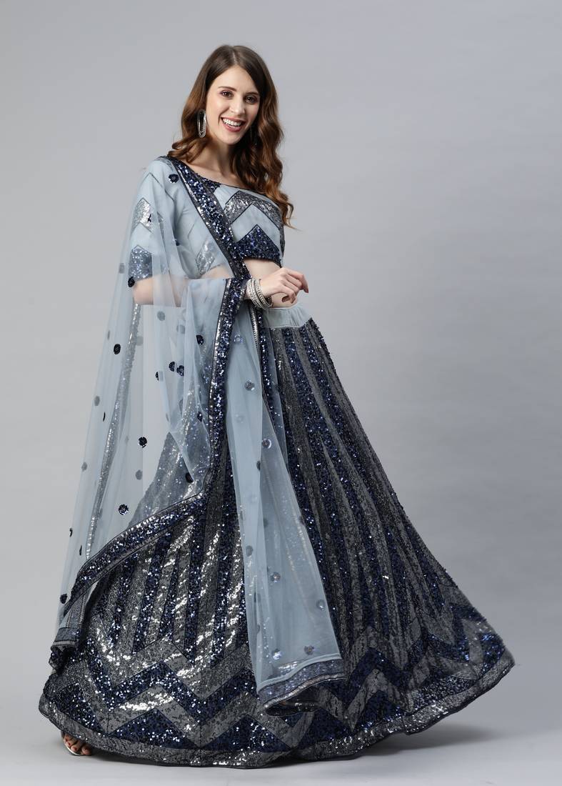 Shubhkala Attractive Grey Sequins Embroidered Net Semi Stitched Party Lehenga