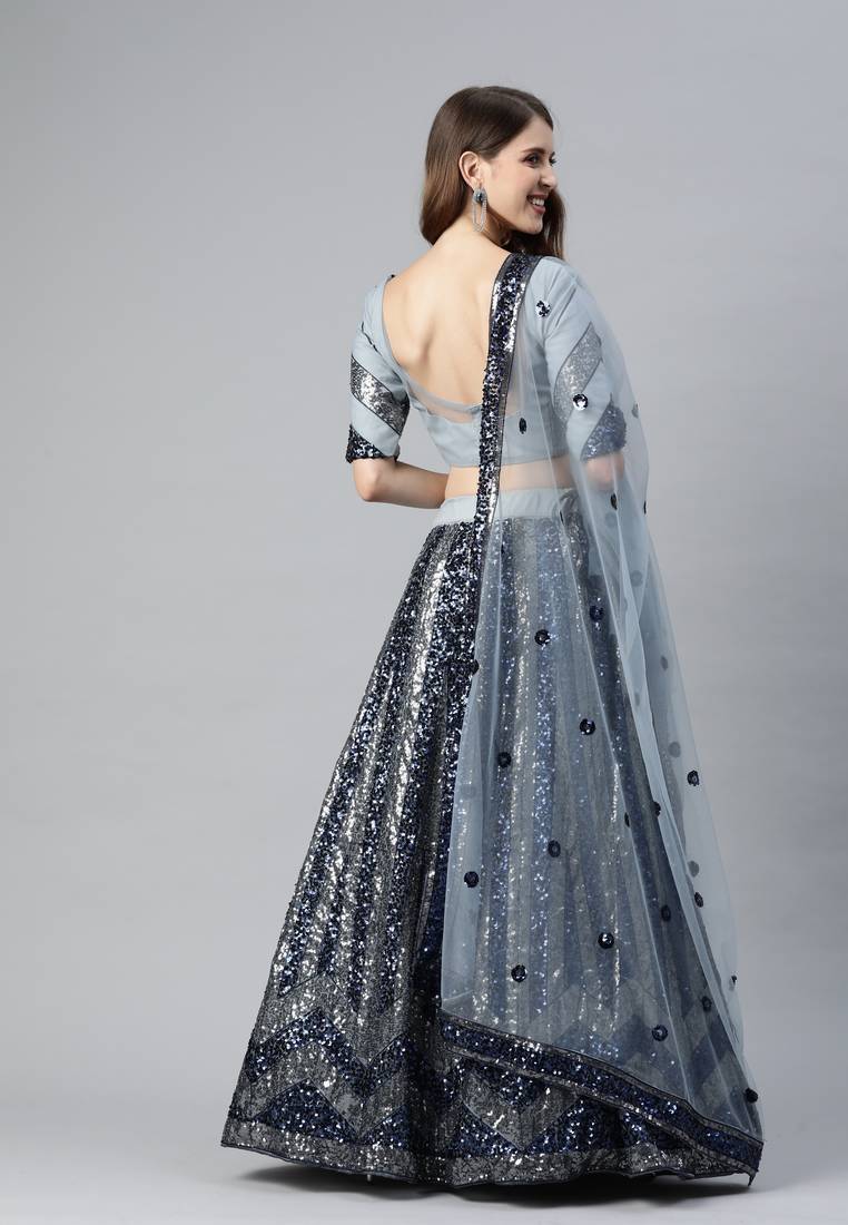 Shubhkala Attractive Grey Sequins Embroidered Net Semi Stitched Party Lehenga