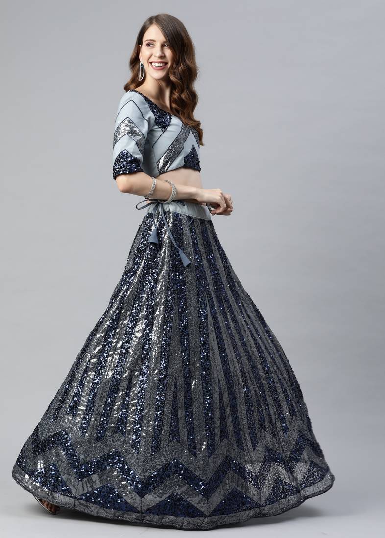 Shubhkala Attractive Grey Sequins Embroidered Net Semi Stitched Party Lehenga