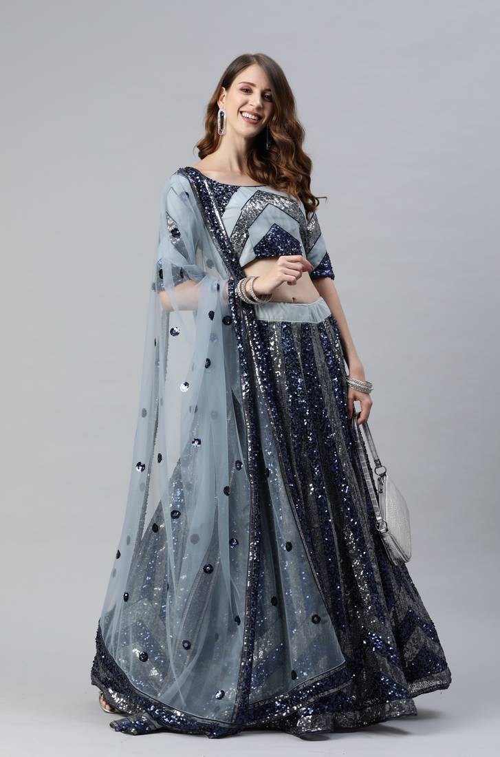 Shubhkala Attractive Grey Sequins Embroidered Net Semi Stitched Party Lehenga