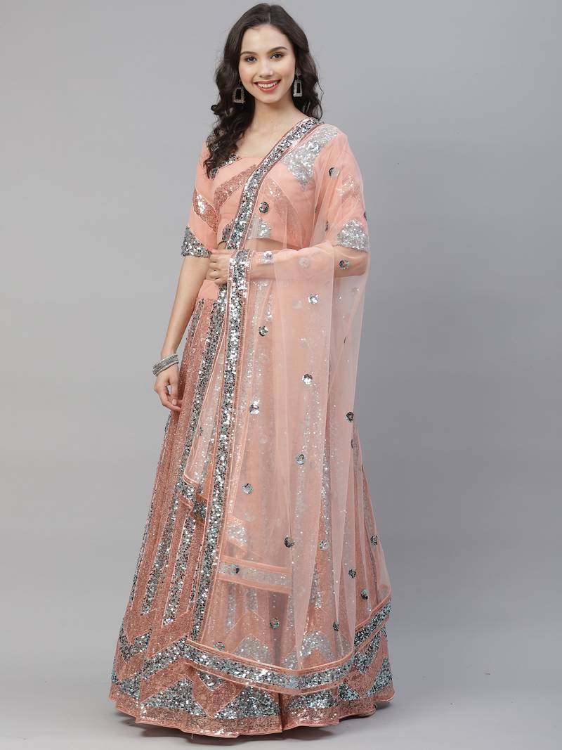 Shubhkala Graceful Peach Net Embroidered Choli Blouse With Lehenga Ghagra With Dupatta